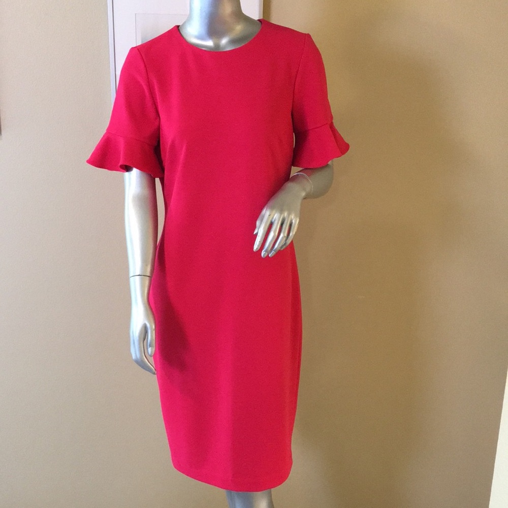 CALVIN KLEIN | Ruffle Short Sleeve Sheath Dress Hot Coral Pink đź©· - Picture 6 of 16